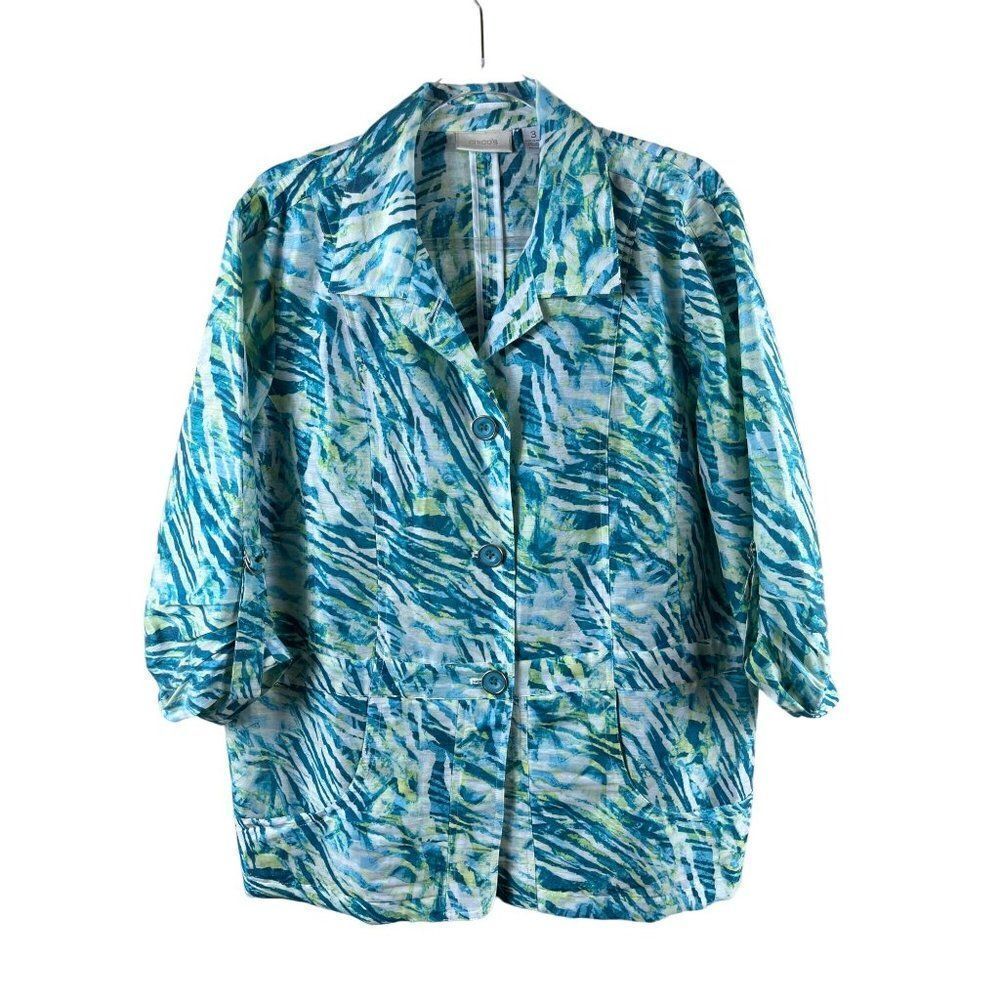 Chico's Linen Animal Accents Ailee Lightweight Unlined Jacket XL Size 3 Blue